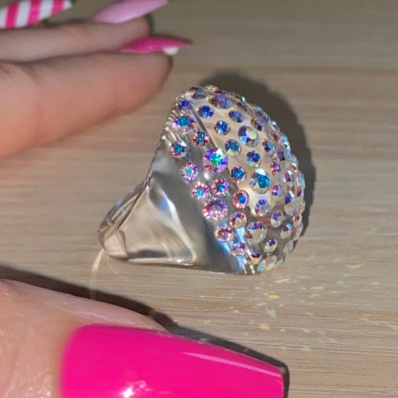 Clear Acrylic Ring Embellished With Aurora borealis Swarovski Crystal stones. - Picture 7 of 12